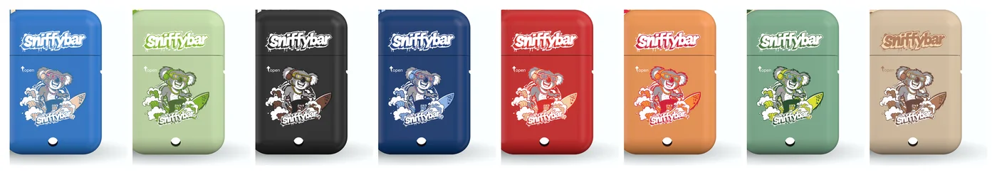 The eight Sniffybar scents in stock in New Zealand, lined up side by side