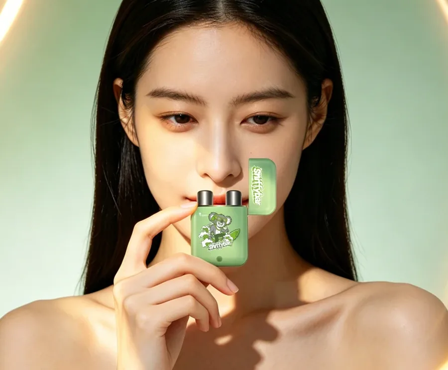 A woman holding an open Sniffybar Lemon Mint just below her nose