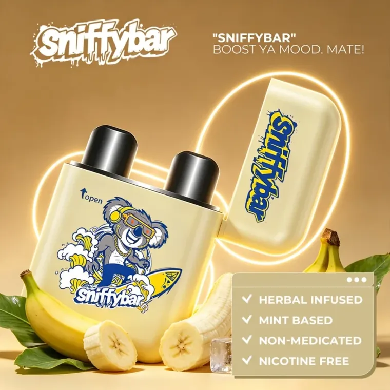 Sniffybar Banana Buzz with the lid flipped open, showing both nozzles