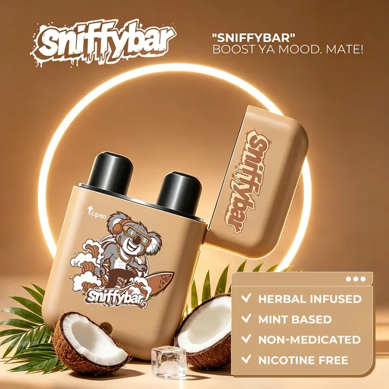Sniffybar Coconut Smoothie with the lid flipped open, showing both nozzles