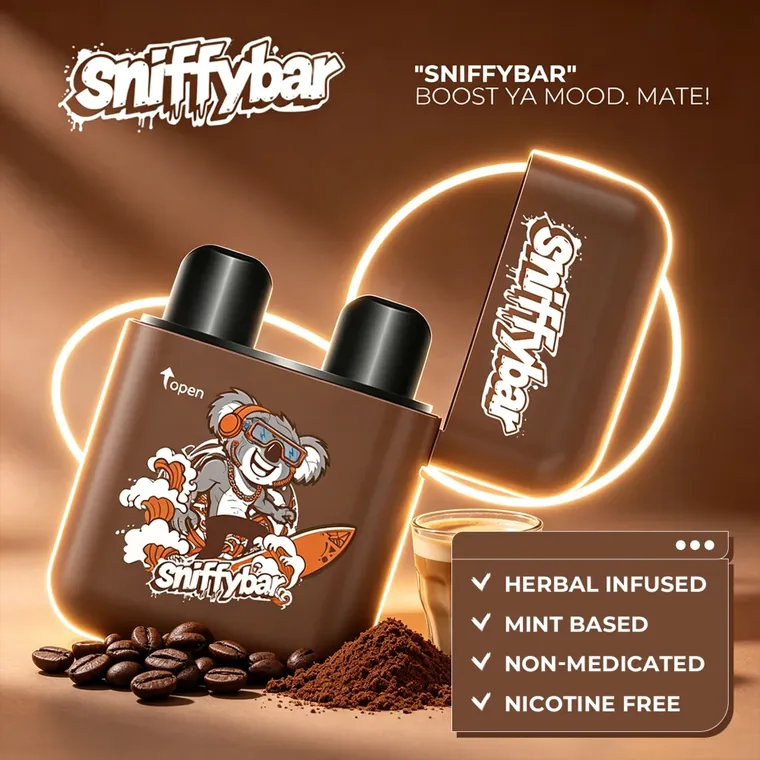 Sniffybar Coffee Latte with the lid flipped open, showing both nozzles