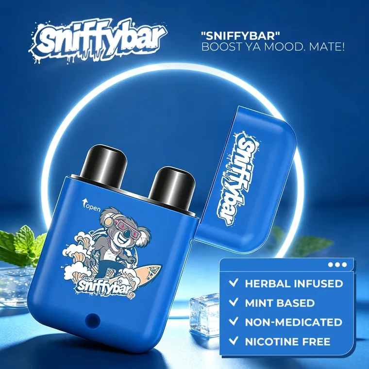 Sniffybar Cool Mint with the lid flipped open, showing both nozzles