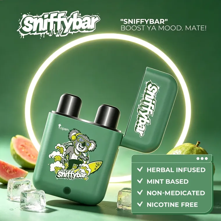 Sniffybar Guava Ice with the lid flipped open, showing both nozzles