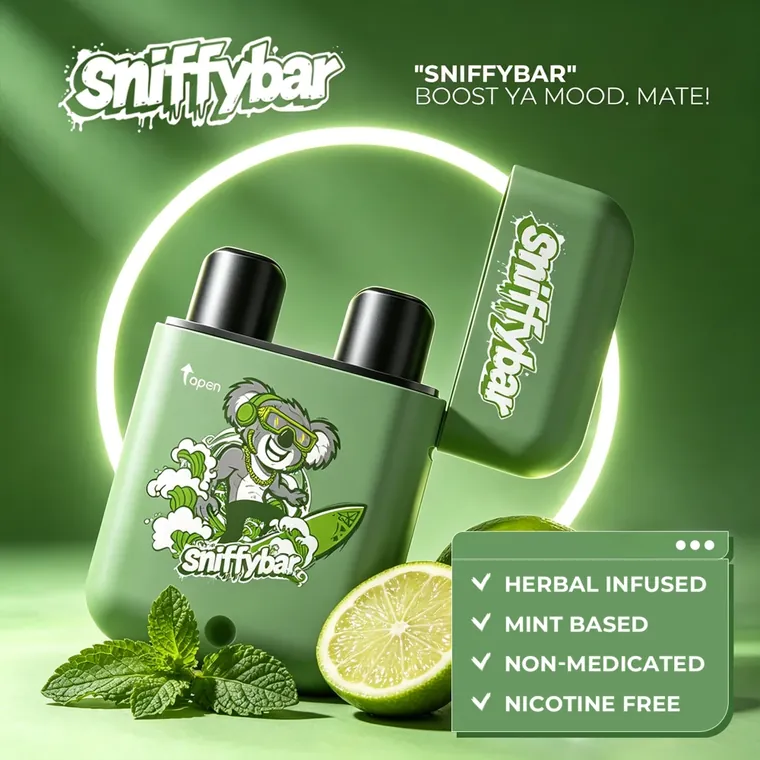 Sniffybar Lemon Mint with the lid flipped open, showing both nozzles
