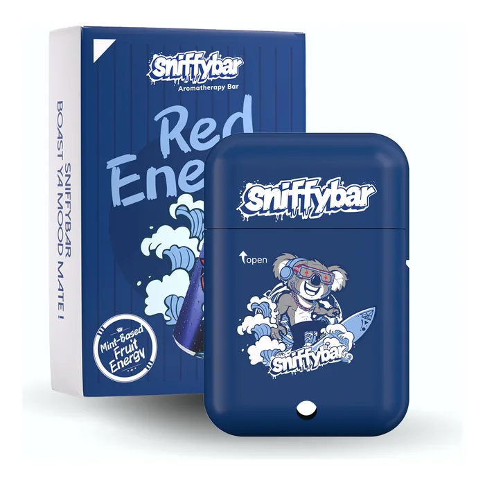 Sniffybar Red Energy herbal diffuser with its retail box